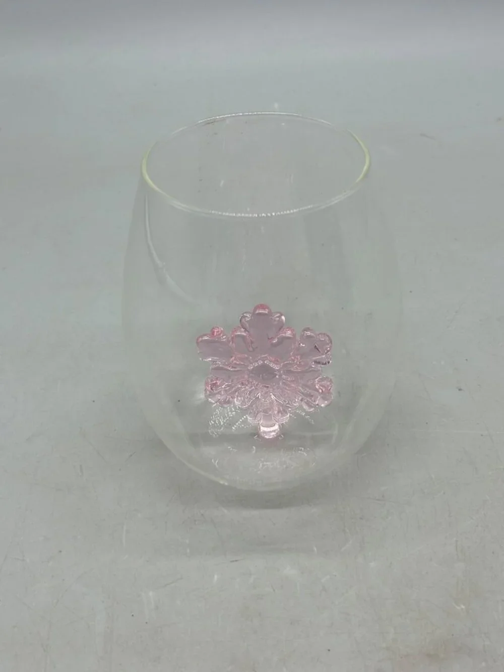 Unique Clear Glass Wine Tumbler With Pink snowflake inside Accent 4.25